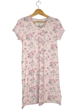Thalia Sodi Pink Floral Ribbed Nightgown Sleep Gown Dress Lace Trim Size Small S